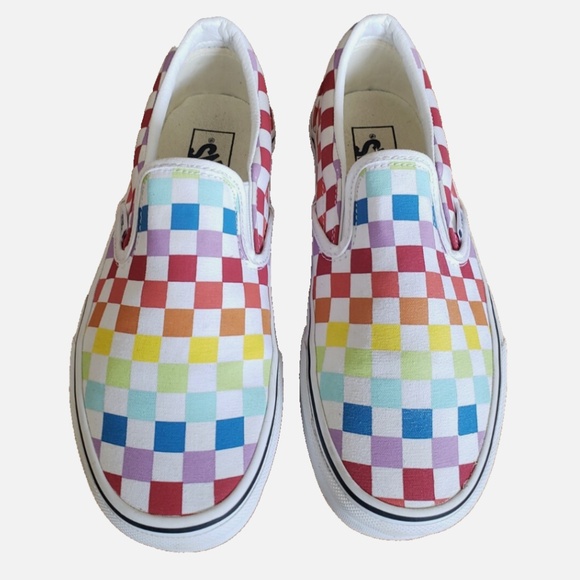 Vans Shoes - Vans Asher Canvas Slip On Sneakers Sz 8 White Rainbow Checkerboard